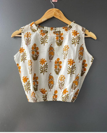 Of White Block Printed  crop top/ Blouse