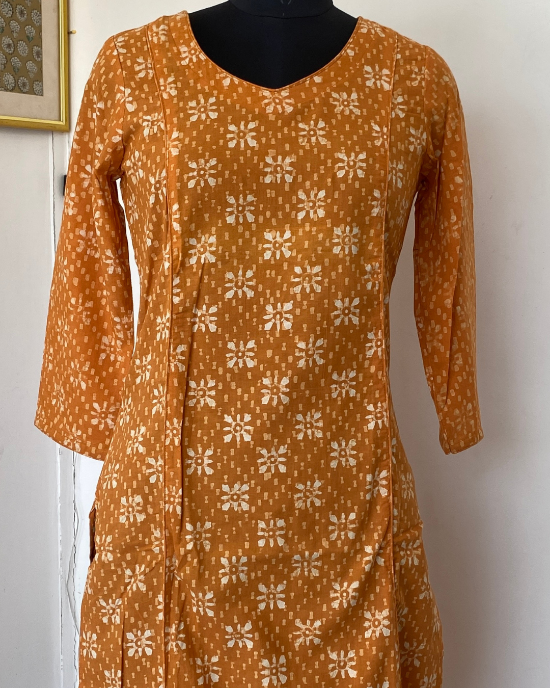 Orange Dabu Hand Block Print  V Neck  Kurti