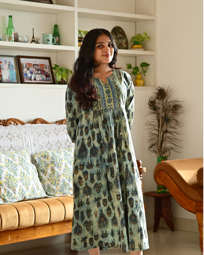 Hand Block Warli Print Jahota Gathered Dress