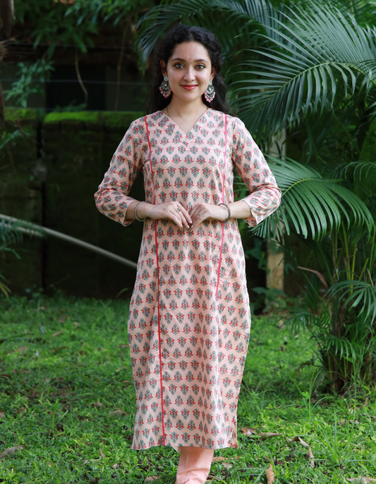 Light Peach Printed Cotton V Neck Kurti