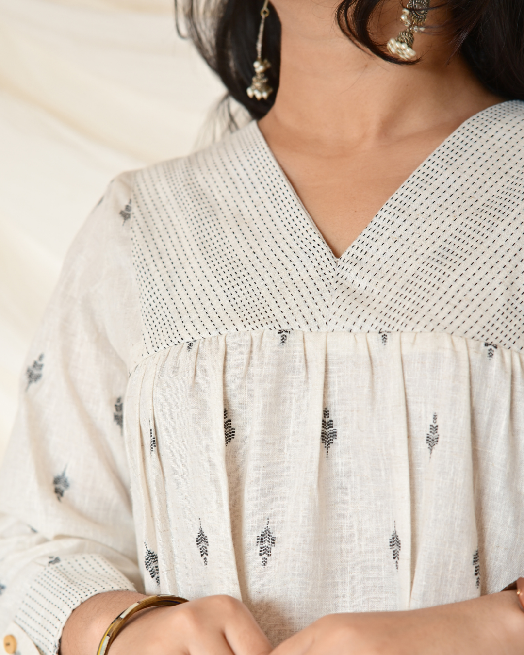 Gulmohar White Butta Cotton Gatherd A-line dress kurti