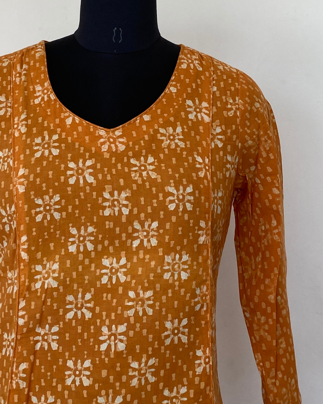 Orange Dabu Hand Block Print  V Neck  Kurti