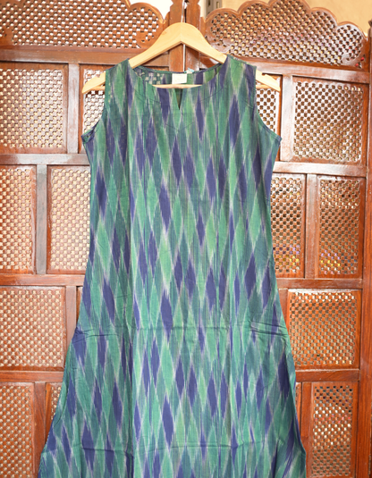 GREEN AND BLUE IKAT PRINT "A-LINE DRESS"