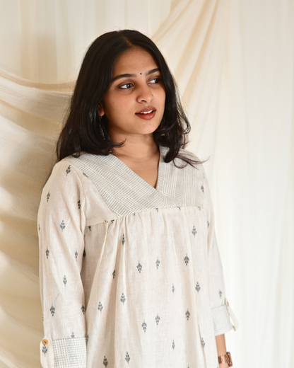 Gulmohar White Butta Cotton Gatherd A-line dress kurti