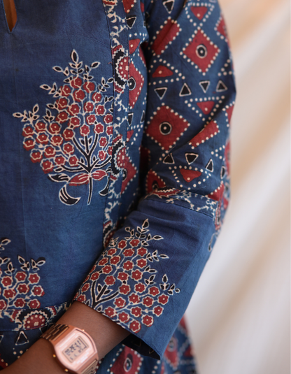Kadha Blue Ajrakh Handblock Printed Cotton Kurti