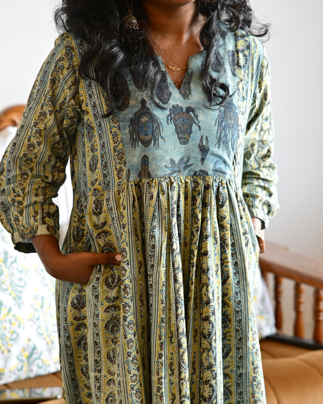 Hand Block Floral Jahota Print Gathered Dress