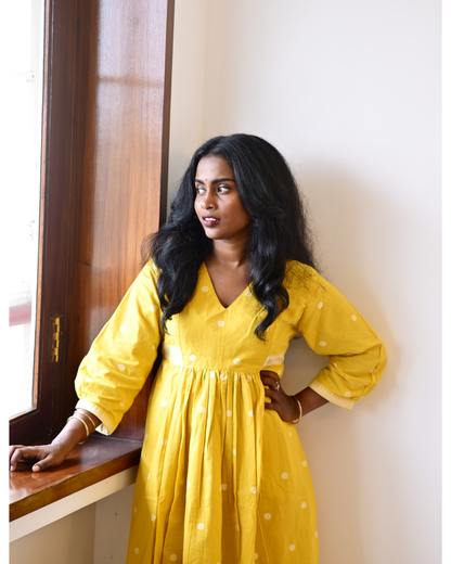 YELLOW SOUTH COTTON GATHERED DRESS