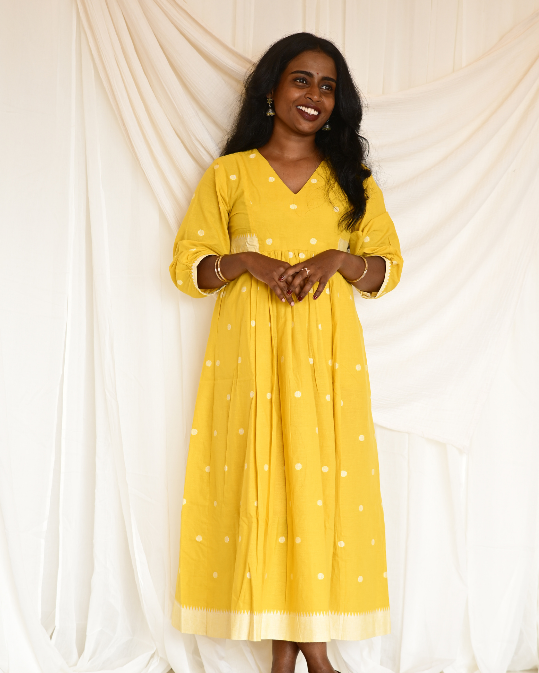 YELLOW SOUTH COTTON GATHERED DRESS