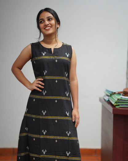 BLACK HANDLOOM FABRIC A-LINE DRESS