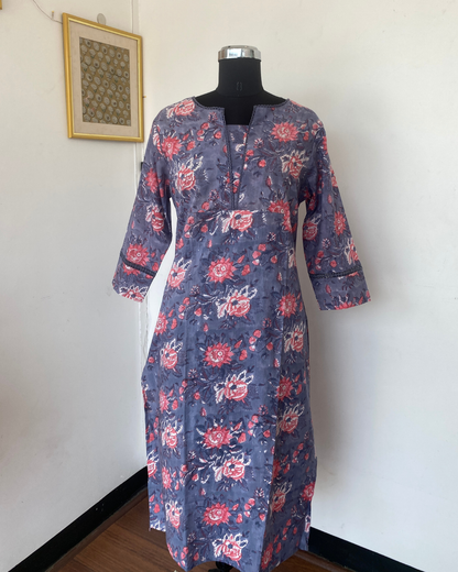 "CHAMPA" Cool Grey Floral Hand Block Printed Lace Kurti