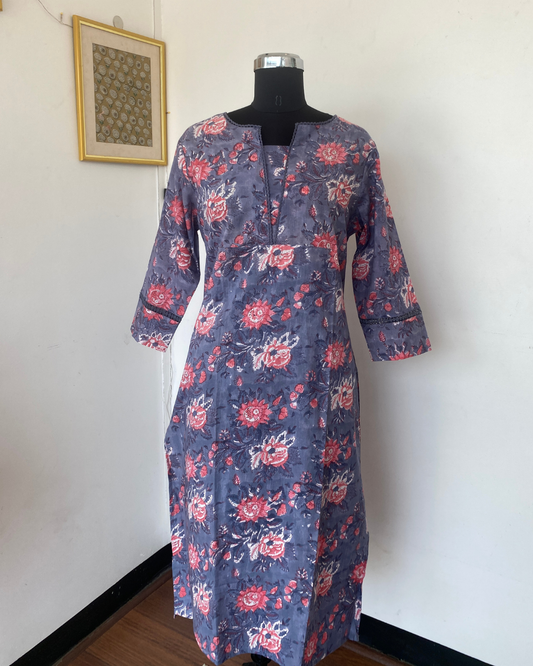 "CHAMPA" Cool Grey Floral Hand Block Printed Lace Kurti