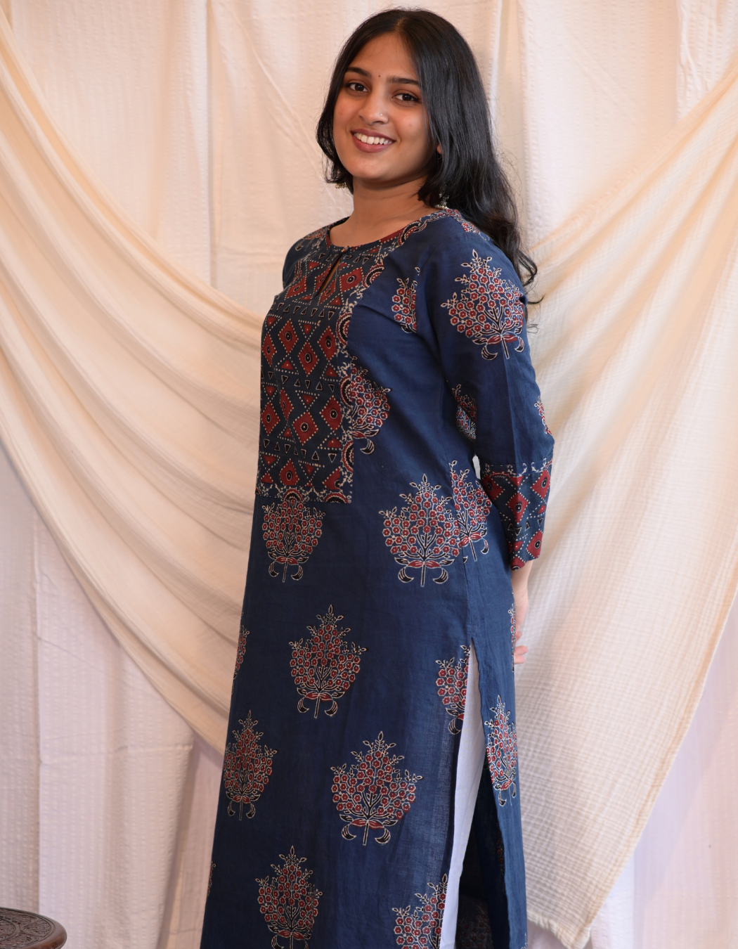 Kadha Blue Ajrakh Handblock butta Printed Cotton Kurti