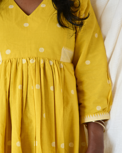 YELLOW SOUTH COTTON GATHERED DRESS