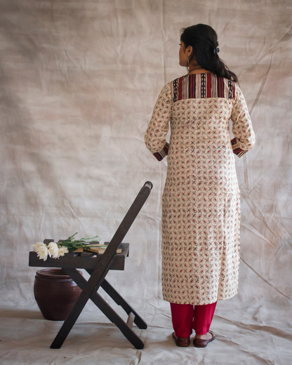 Beige and Maroon color Hand Block Printed Kurti and pant set