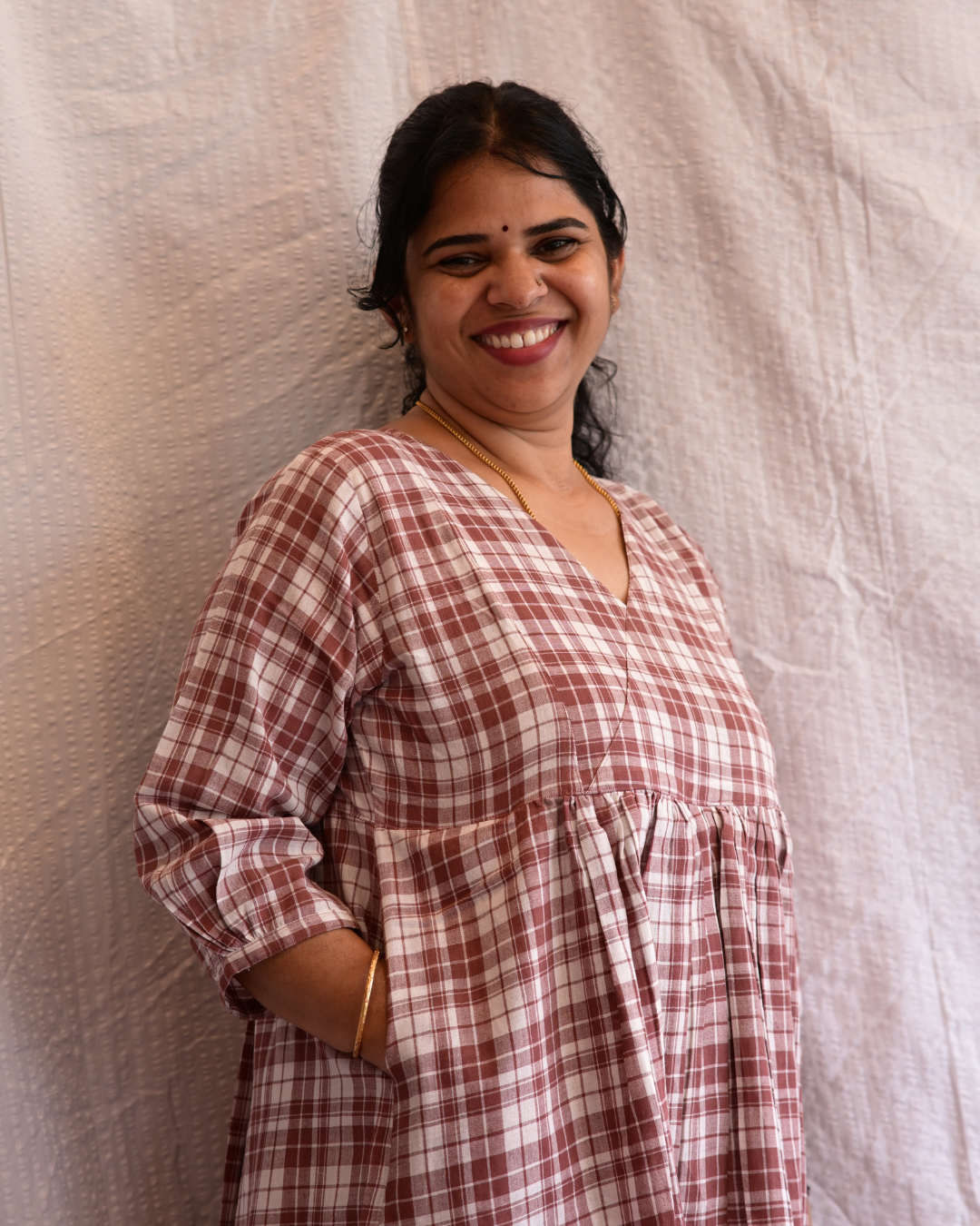 BENGAL HANDLOOM COTTON BROWN AND WHITE CHECK GATHERED DRESS