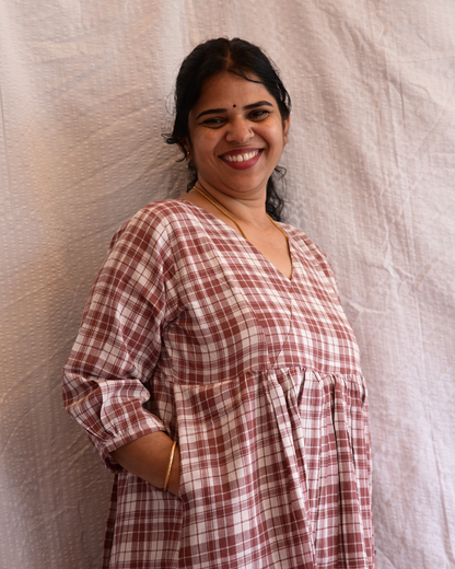 BENGAL HANDLOOM COTTON BROWN AND WHITE CHECK GATHERED DRESS