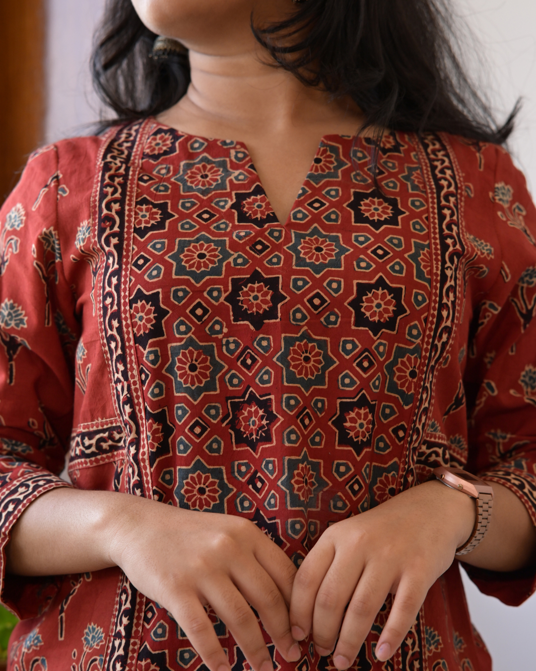 "DHOOP" Red Ajrakh Hand Block Printed Cotton Kurti