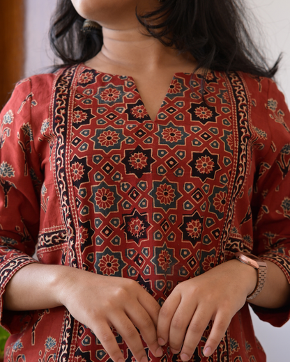 "DHOOP" Red Ajrakh Hand Block Printed Cotton Kurti