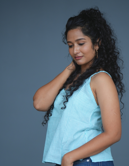 White And Blue Blue Striped Spaghetti Top