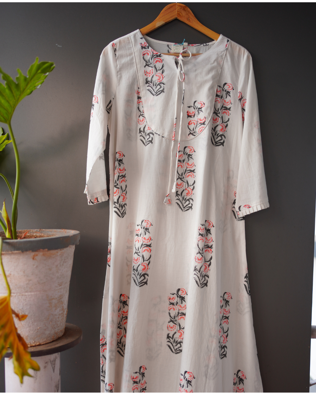 White and Peach Hand Block Printed A Line Dress