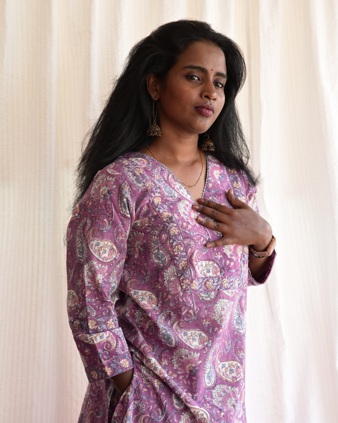 "NAIRA" Purple Floral Sanganeri  printed Cotton Kurti with Pant