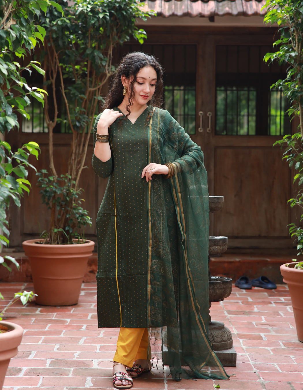 GREEN AND YELLOW KURTI SET WITH DUPARTTA