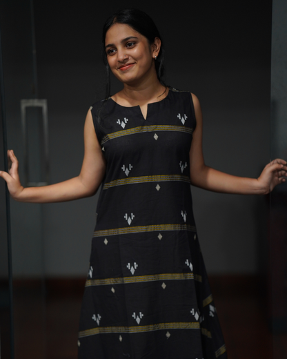 BLACK HANDLOOM FABRIC A-LINE DRESS