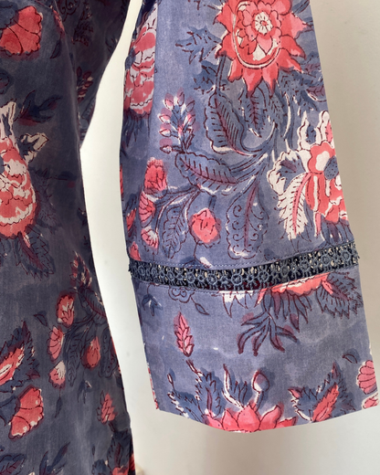 "CHAMPA" Cool Grey Floral Hand Block Printed Lace Kurti