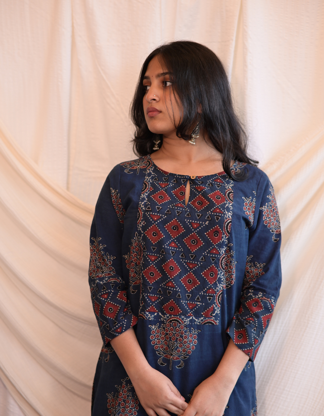 Kadha Blue Ajrakh Handblock butta Printed Cotton Kurti