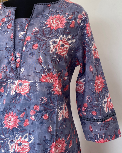 "CHAMPA" Cool Grey Floral Hand Block Printed Lace Kurti