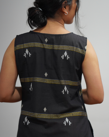 BLACK HANDLOOM FABRIC A-LINE DRESS