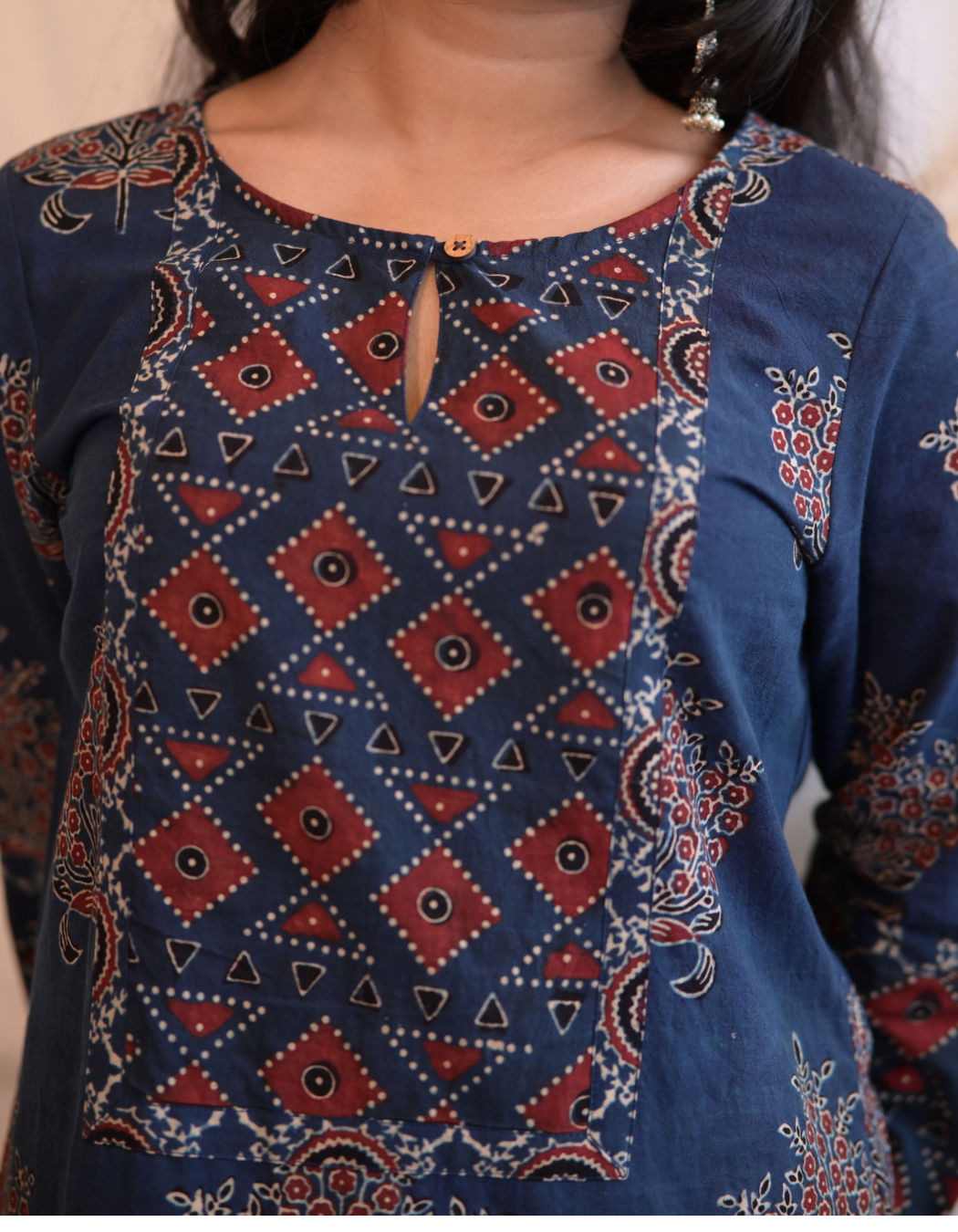Kadha Blue Ajrakh Handblock butta Printed Cotton Kurti
