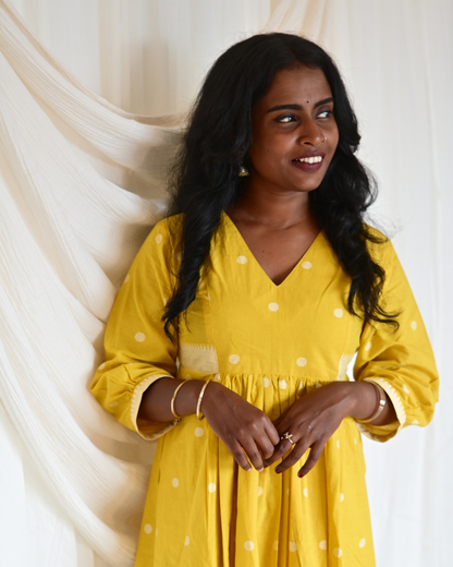 YELLOW SOUTH COTTON GATHERED DRESS