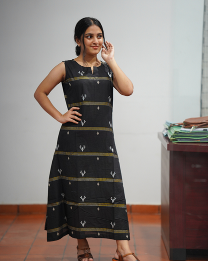 BLACK HANDLOOM FABRIC A-LINE DRESS