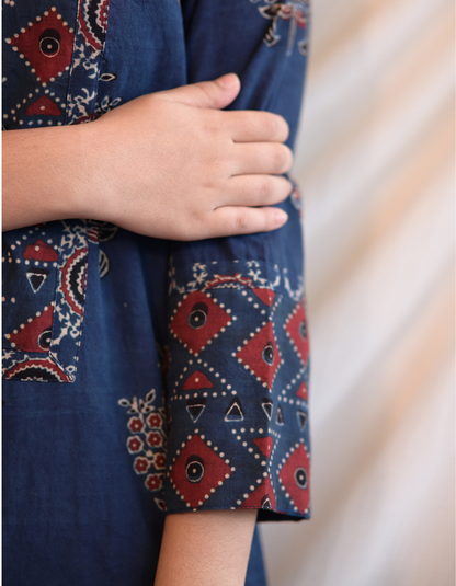 Kadha Blue Ajrakh Handblock butta Printed Cotton Kurti