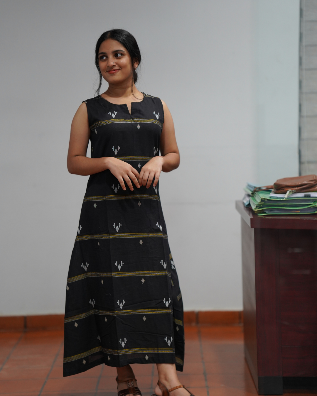 BLACK HANDLOOM FABRIC A-LINE DRESS