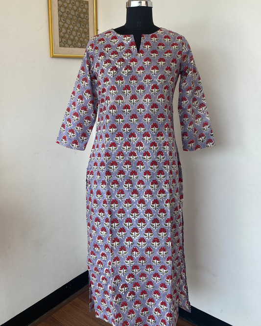 Blue-gray Sanganeri Printed Slit Neck Kurti