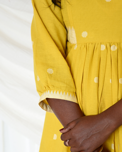 YELLOW SOUTH COTTON GATHERED DRESS