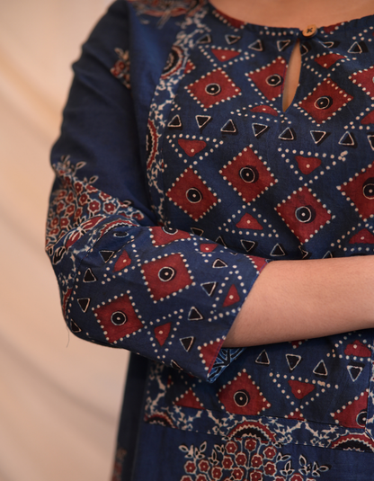 Kadha Blue Ajrakh Handblock butta Printed Cotton Kurti