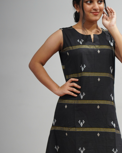 BLACK HANDLOOM FABRIC A-LINE DRESS