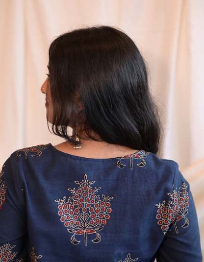 Kadha Blue Ajrakh Handblock butta Printed Cotton Kurti