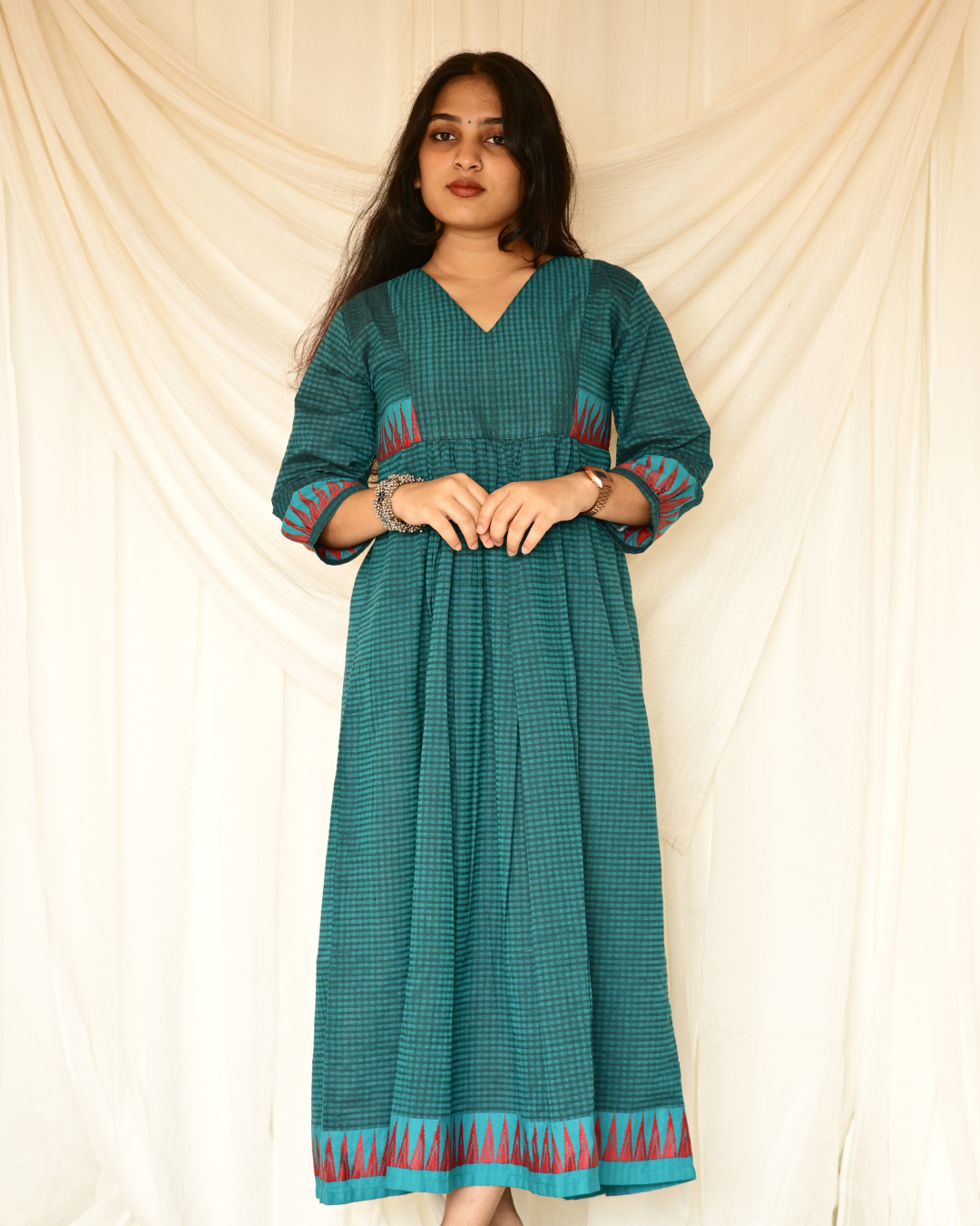 PEACOCK BLUE SOUTH COTTON GATHERED DRESS