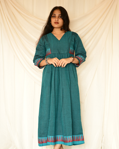 PEACOCK BLUE SOUTH COTTON GATHERED DRESS