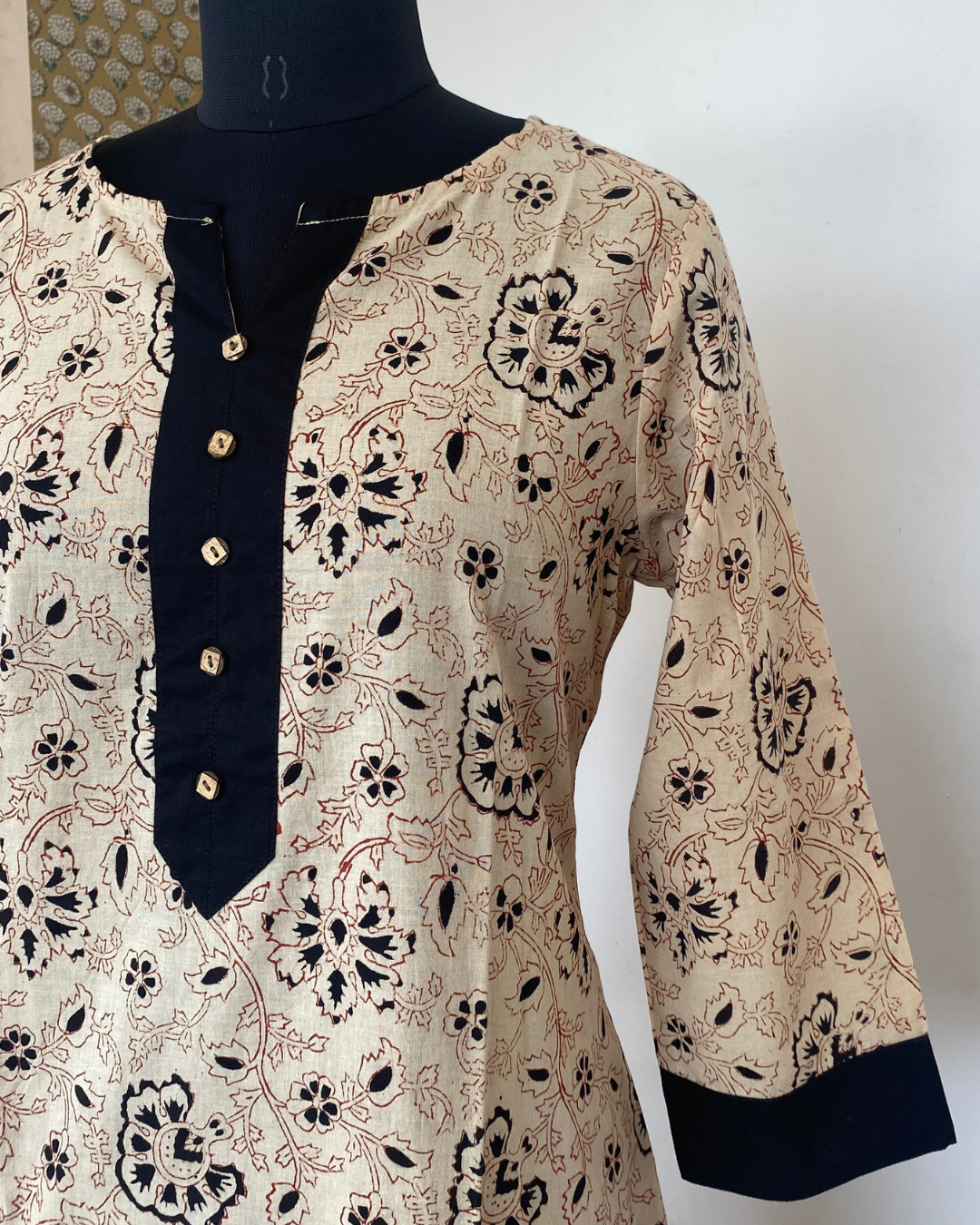 BEIGE AND BLACK FLORAL PRINTED PATCH ROUND NECK WITH SLIT KURTI