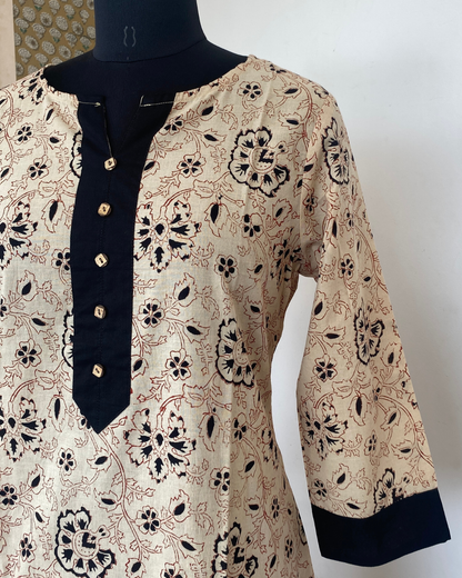 BEIGE AND BLACK FLORAL PRINTED PATCH ROUND NECK WITH SLIT KURTI