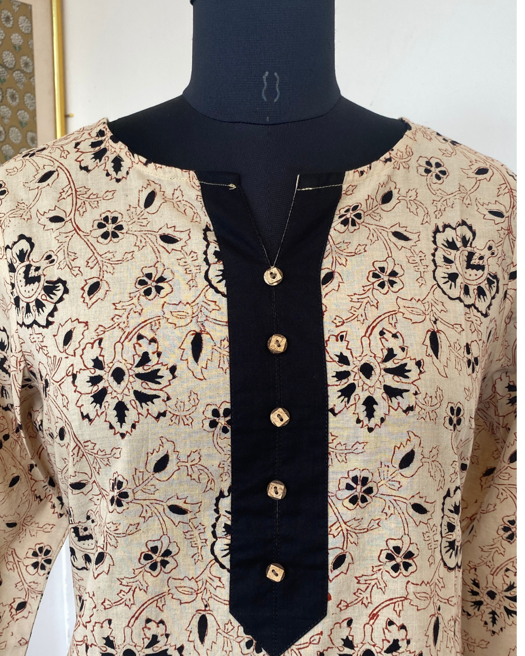 BEIGE AND BLACK FLORAL PRINTED PATCH ROUND NECK WITH SLIT KURTI
