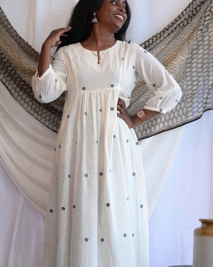 BENGAL JAMDANI HANDLOOM COTTON POLCADOT GATHERED DRESS