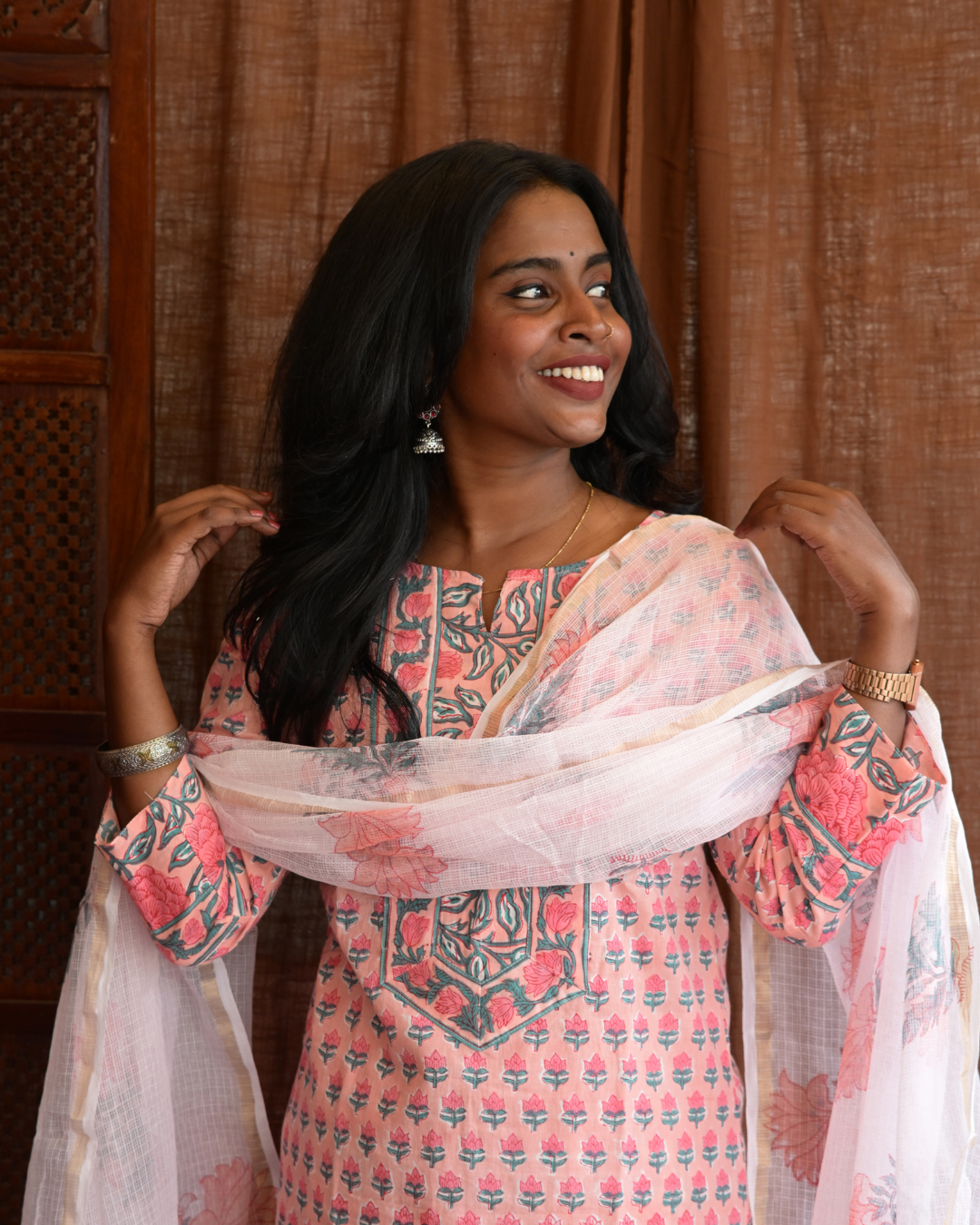 "NIRAM" Light Peach Sanganeri Hand block printed cotton kurti set with Kota Doriya dupatta