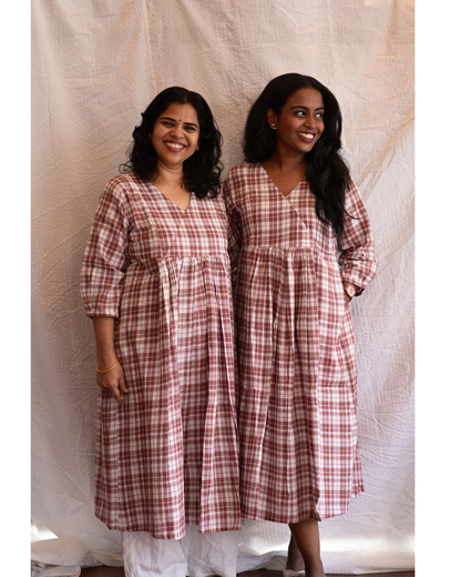 BENGAL HANDLOOM COTTON BROWN AND WHITE CHECK GATHERED DRESS