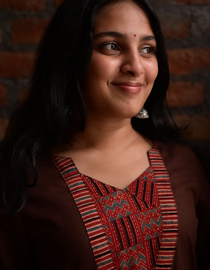 "TARA"BROWN BASE AND PINK AJRAKH PRINTED PATCH KURTI